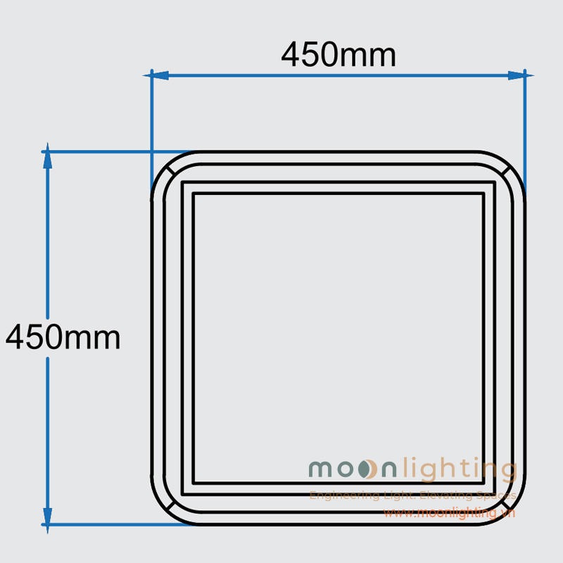 Bản vẽ chi tiết kích thước mặt cắt vuông 450mm x 450mm của đầu đèn sân vườn MG-SL011 Bản vẽ mặt cắt chi tiết khung viền kích thước 450x450mm đèn cột sân vườn năng lượng mặt trời MG-SL011 Moon Lighting