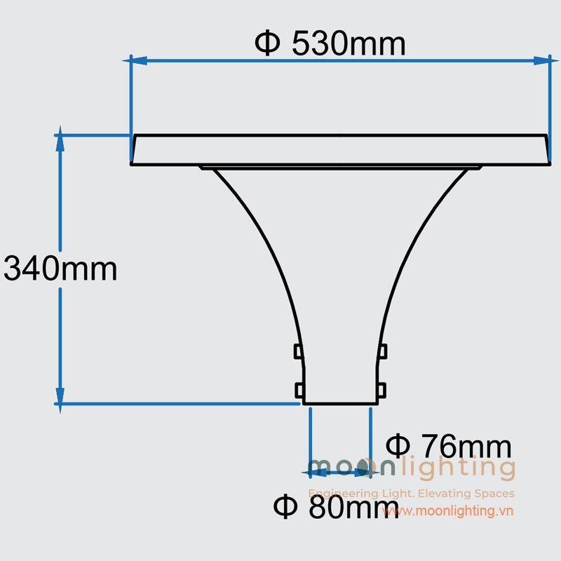 Bản vẽ kích thước mặt cắt đứng và cổ cắm trụ đèn MG-SL016 Bản vẽ mặt cắt đứng chiều cao 340mm đường kính đĩa 530mm và cổ cắm 76mm 80mm đèn cột sân vườn MG-SL016