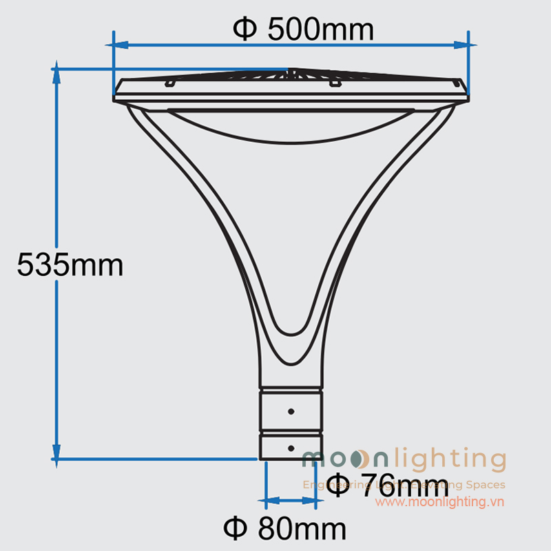 Bản vẽ kích thước góc ngang đầu đèn cột sân vườn Solar MG-SL001 đường kính 550mm cao 560mm cối 76-80mm Moon Lighting