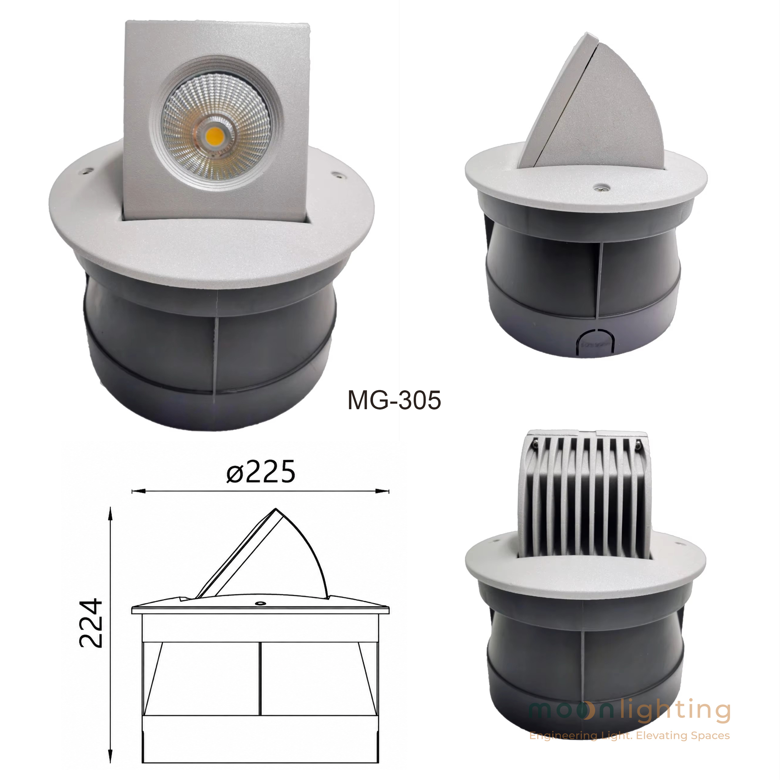 Bản vẽ kích thước D225 H224mm và lỗ chờ Cut-out D210 H230mm của đèn âm đất chếch góc MG-305