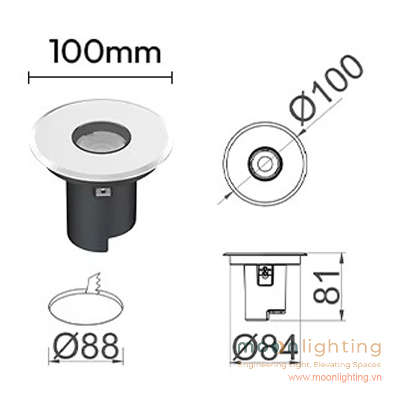 Bản vẽ kích thước mặt cắt đèn âm đất MG-310-100 3W đường kính 100mm lỗ khoét 88mm