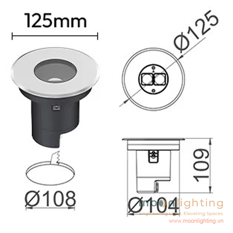Bản vẽ kích thước mặt cắt đèn âm đất MG-310-125 6W đường kính 125mm lỗ khoét 108mm