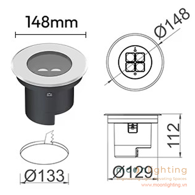 Bản vẽ kích thước mặt cắt đèn âm đất MG-310-148 12W đường kính 148mm lỗ khoét 133mm