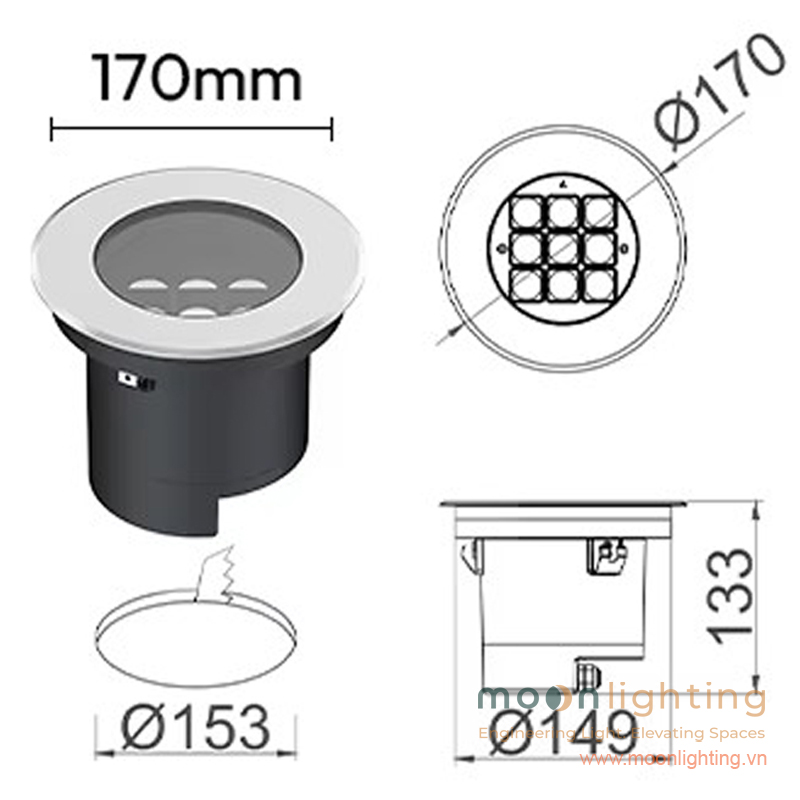 Bản vẽ kích thước mặt cắt đèn âm đất MG-310-170 18W đường kính 170mm lỗ khoét 153mm