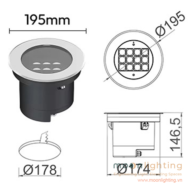 Bản vẽ kích thước mặt cắt đèn âm đất MG-310-195 24W đường kính 195mm lỗ khoét 178mm cao 146.5mm