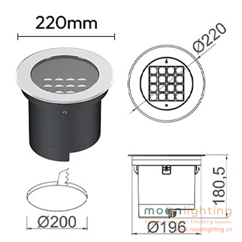 Bản vẽ kích thước mặt cắt đèn âm đất MG-310-220 36W đường kính 220mm lỗ khoét 200mm cao 180.5mm