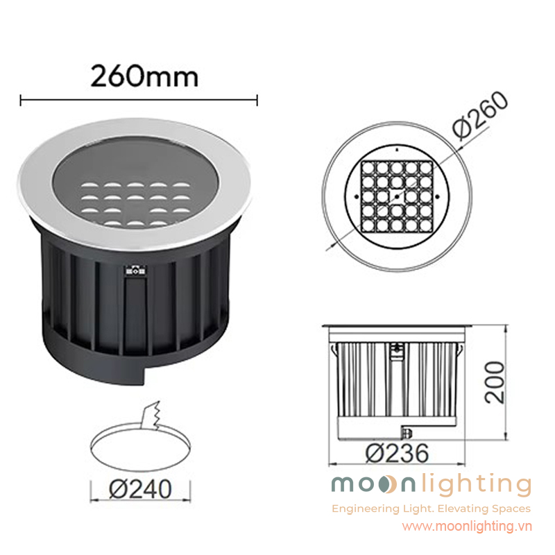Bản vẽ kích thước mặt cắt đèn âm đất MG-310-260 48W đường kính 260mm lỗ khoét 240mm cao 200mm