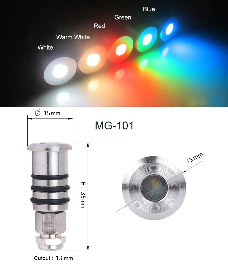 Bản vẽ kích thước thông số kỹ thuật đường kính D15mm chiều cao H35mm và lỗ chờ D13mm đèn âm sàn mini MG-101