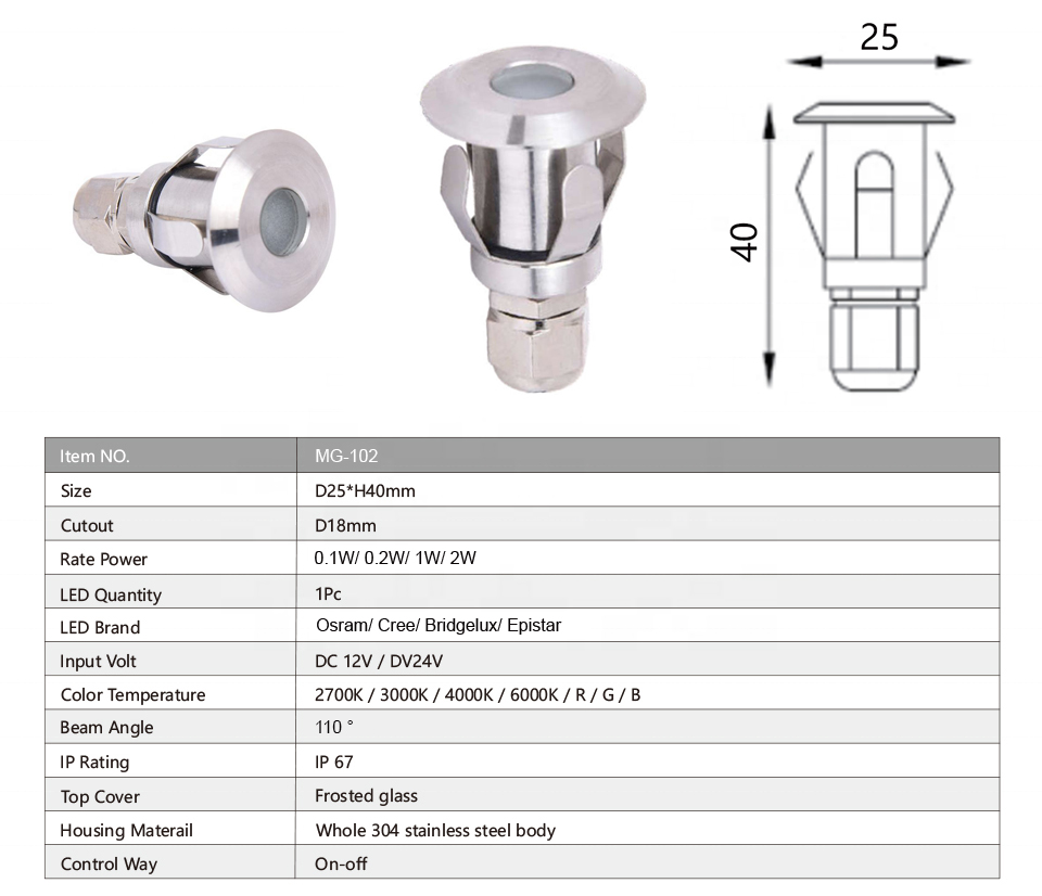 Bản vẽ kích thước mặt cắt D25xH40mm lỗ chờ D18mm và bảng thông số kỹ thuật đèn âm đất mini MG-102 Moon Lighting