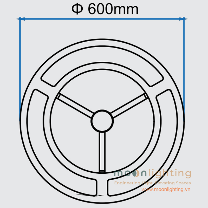 Bản vẽ kích thước mặt bằng đèn cột sân vườn MG-SL008 nhìn từ trên xuống khung nhôm đúc 3 chạc
