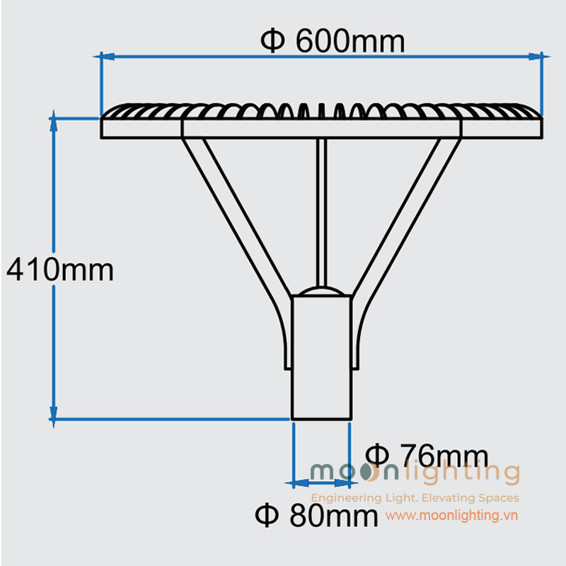 Bản vẽ kích thước mặt đứng đèn cột sân vườn điện lưới 220V MG-SL008 đường kính 600mm cao 410mm cổ cắm 76mm