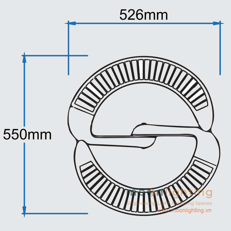 Bản vẽ mặt cắt nhìn từ trên xuống đường kính 526mm và chiều rộng 550mm vành đĩa sáng Vòng Sao đèn MG-SL015 Moon Lighting