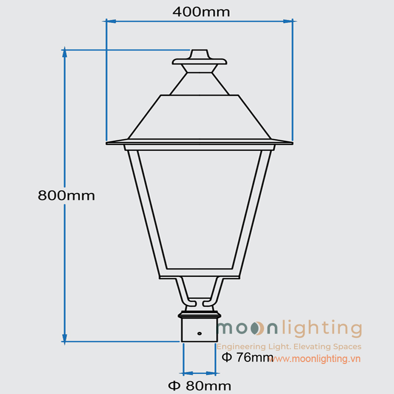 Bản vẽ kích thước mặt đứng đèn cột sân vườn điện lưới AC220V MG-SL017: Rộng 400mm, cao 800mm, đường kính cổ cắm 76mm 80mm