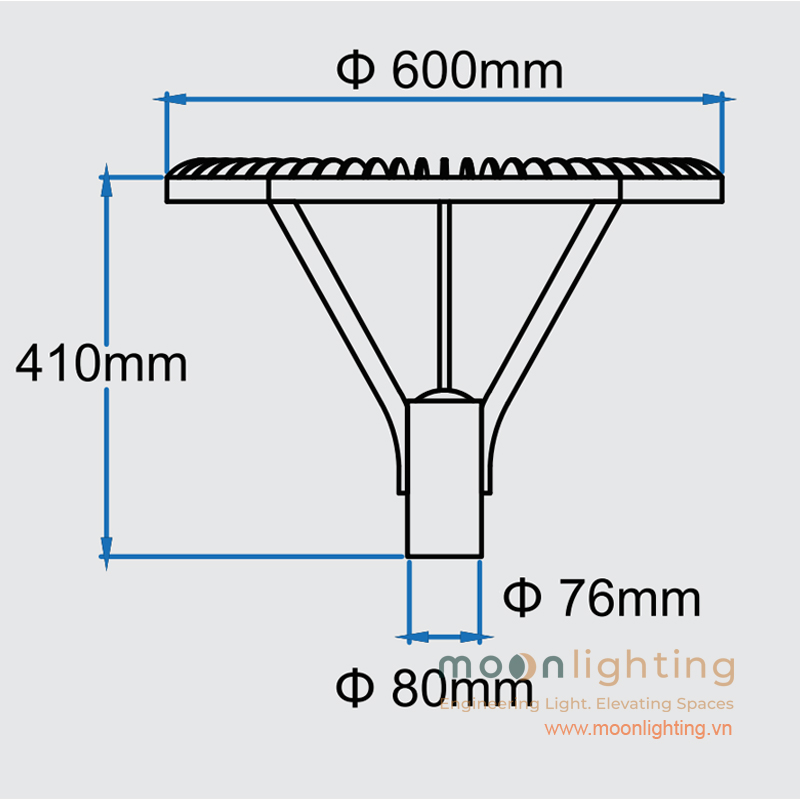 Bản vẽ mặt đứng chi tiết kích thước chiều cao 410mm và cổ cắm Ø76mm-80mm đèn cột sân vườn MG-SL007