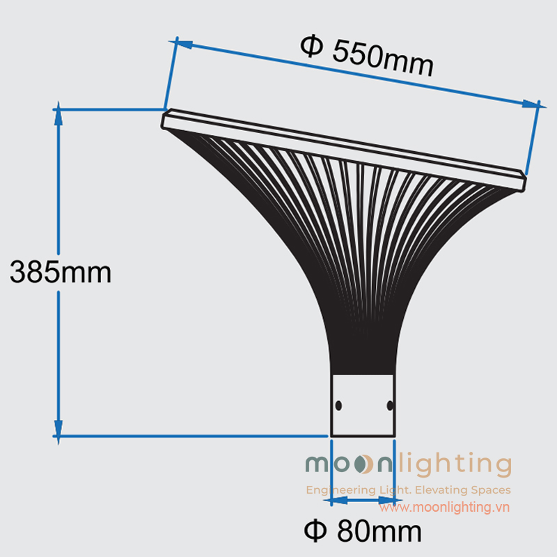Bản vẽ kích thước chiều cao 385mm và đường kính cổ cắm Phi 80mm đèn cột sân vườn năng lượng mặt trời Solar MG-SL003