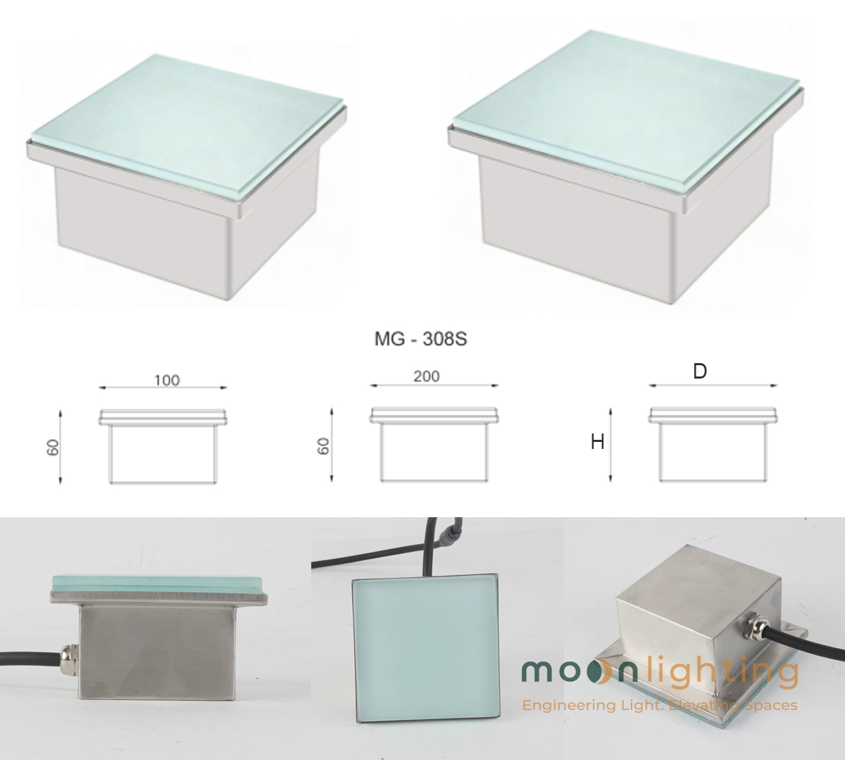 Bản vẽ kỹ thuật thông số kích thước hố âm sàn đèn gạch vuông âm sàn MG-308S Series