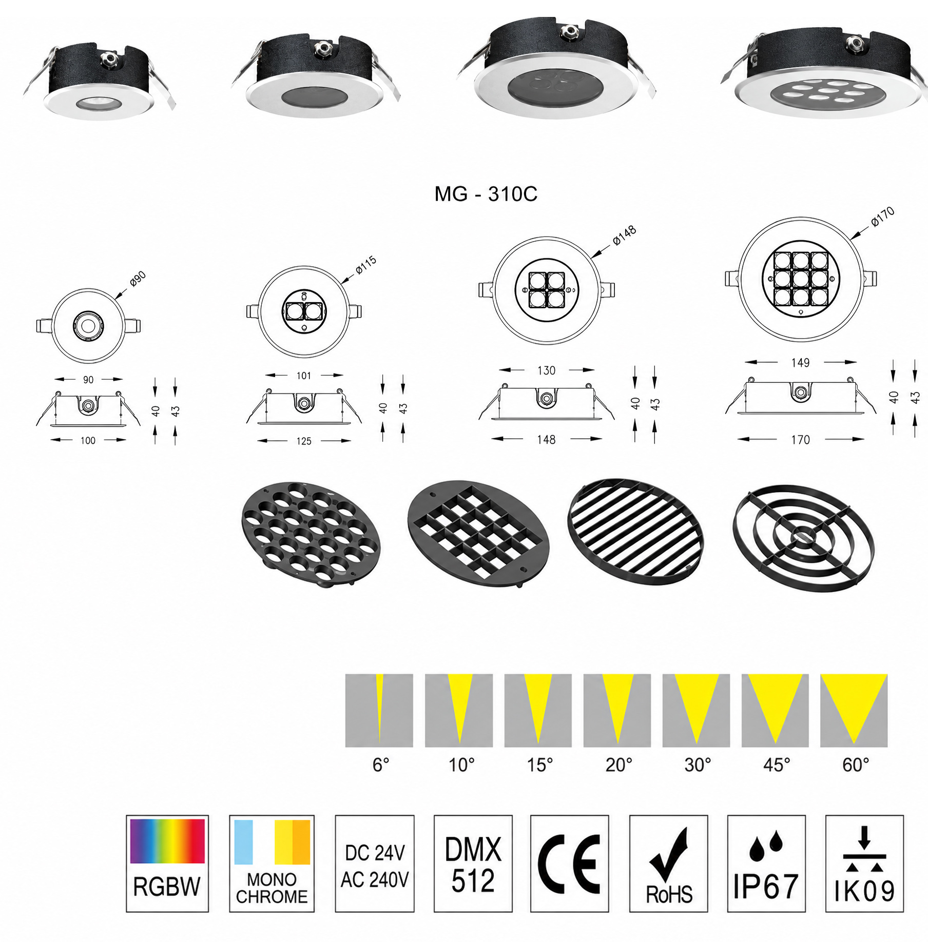 Bản vẽ kích thước D100 D125 D148 D170 H43mm và thông số kỹ thuật đèn âm đất MG-310C Series