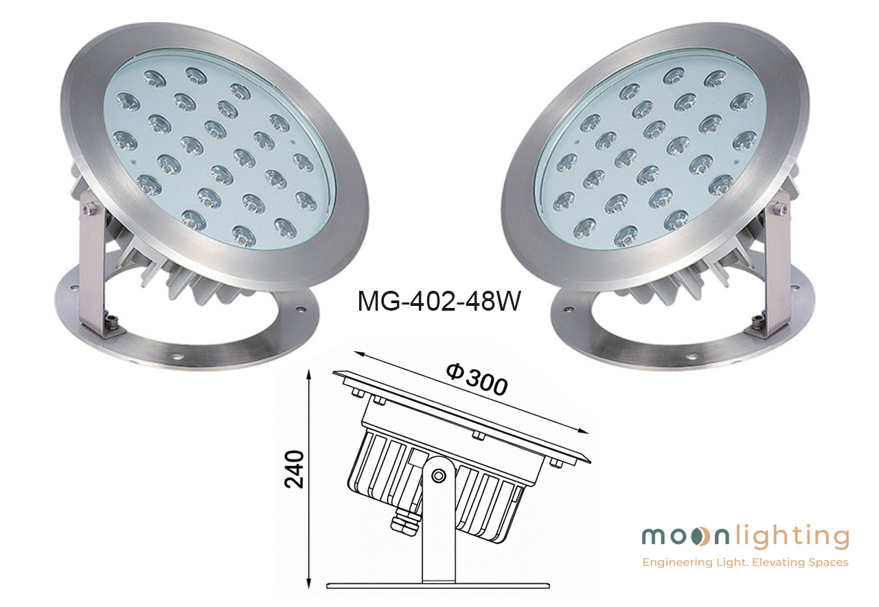 Thông số kỹ thuật bản vẽ kích thước D300 240mm Đèn LED Âm Nước Có Đế MG-402 48W Moon Lighting