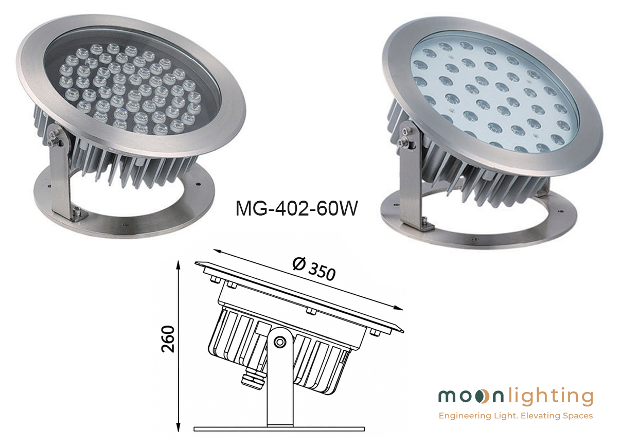 Thông số kỹ thuật bản vẽ kích thước D350 260mm Đèn LED Âm Nước Có Đế MG-402 60W Moon Lighting