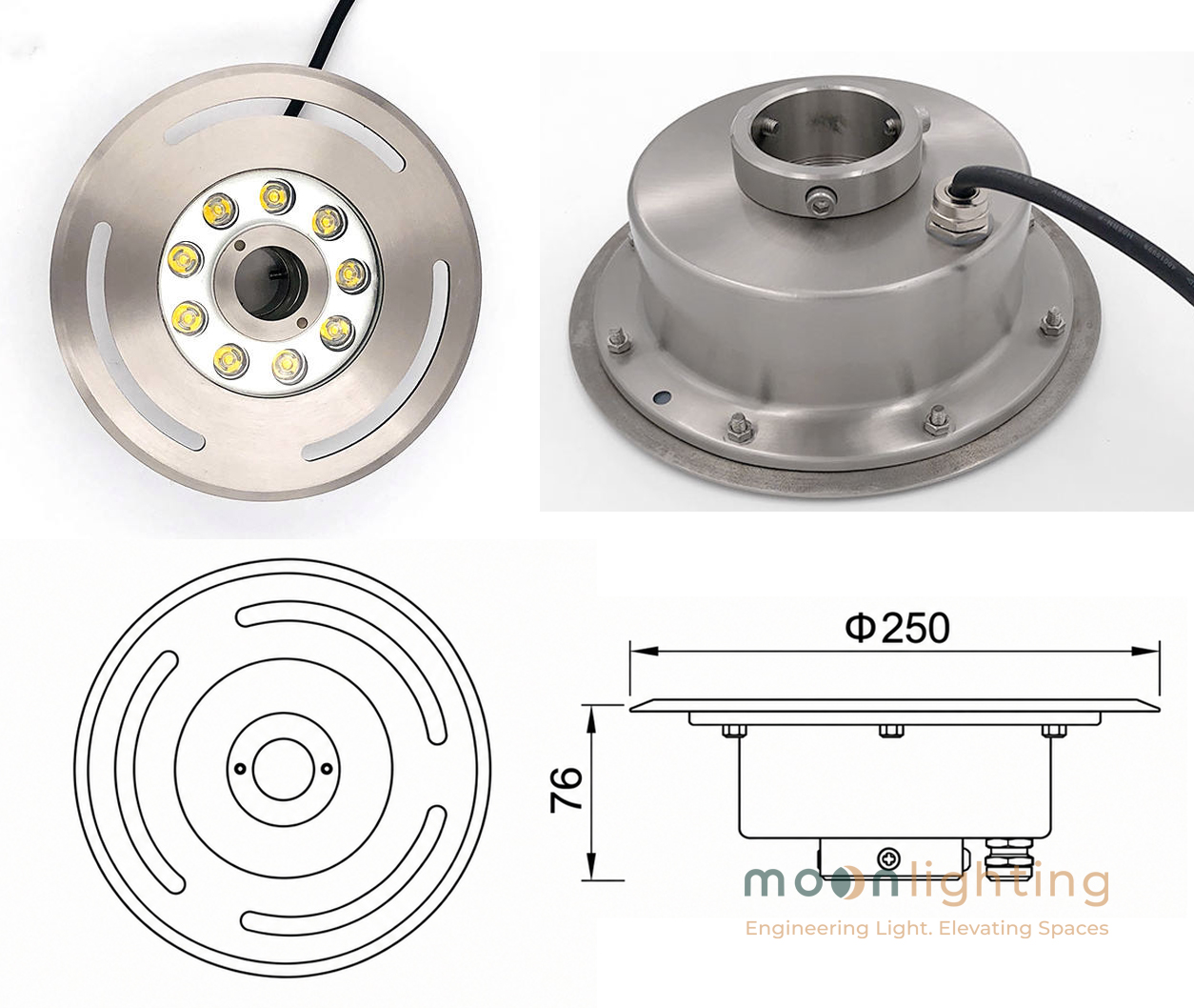 Bản vẽ kích thước kỹ thuật mặt cắt Đèn LED Âm Nước Bánh Xe MG-503 công suất 12W 15W đường kính Phi 250mm