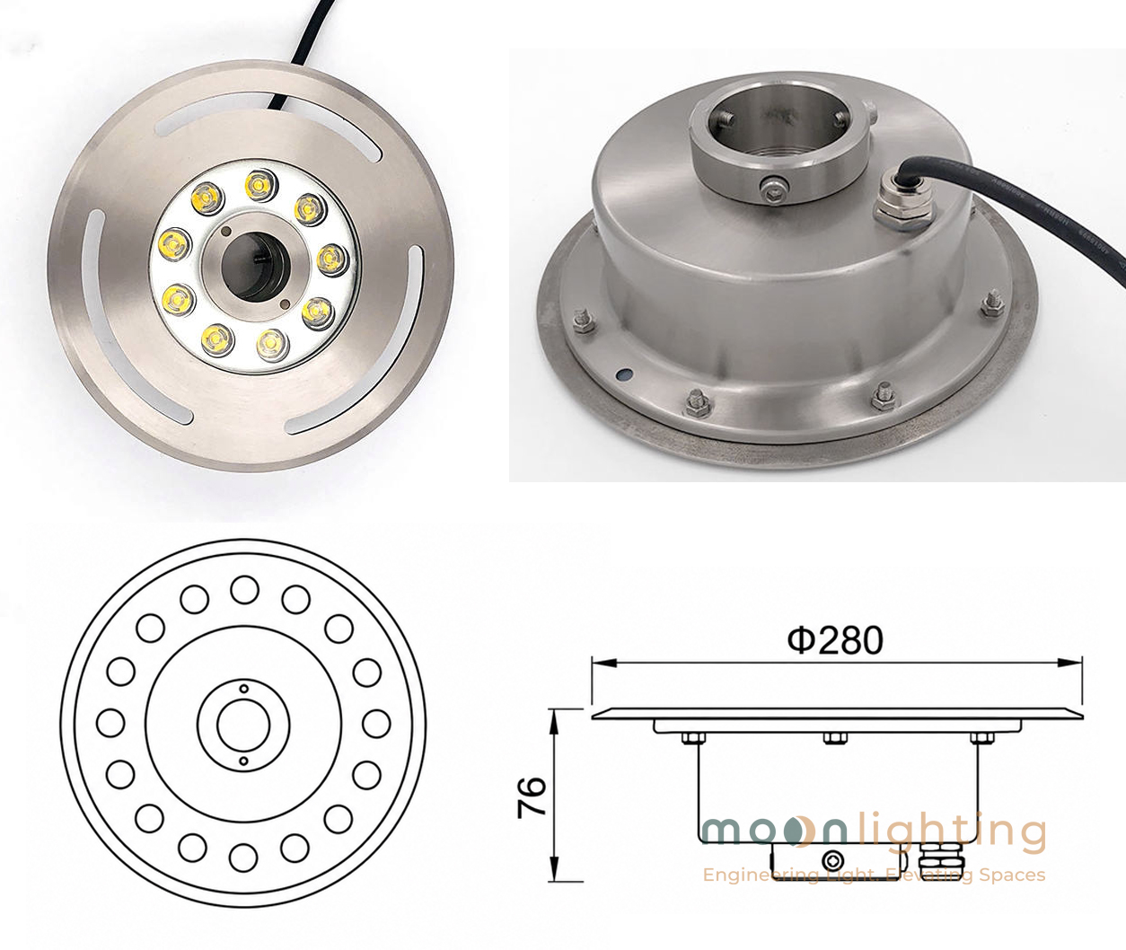 Bản vẽ kích thước kỹ thuật mặt cắt Đèn LED Âm Nước Bánh Xe MG-503 công suất 18W đường kính Phi 280mm