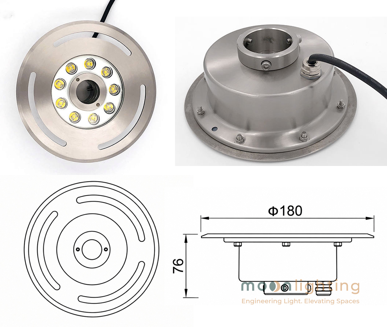 Bản vẽ kích thước kỹ thuật mặt cắt Đèn LED Âm Nước Bánh Xe MG-503 công suất 6W đường kính Phi 180mm