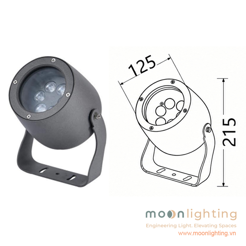 Sơ đồ bản vẽ kích thước mặt cắt đèn LED Project Light chiếu rọi cột MG-601-125 18W Moon Lighting