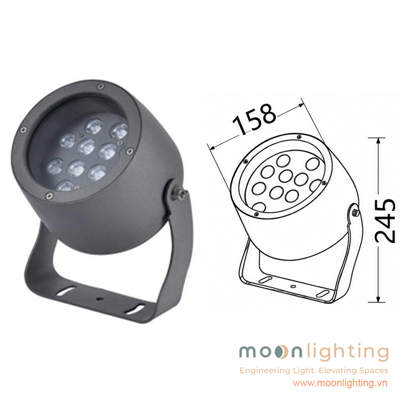 Sơ đồ bản vẽ kích thước mặt cắt đèn LED Project Light chiếu rọi cột MG-601-158 36W Moon Lighting
