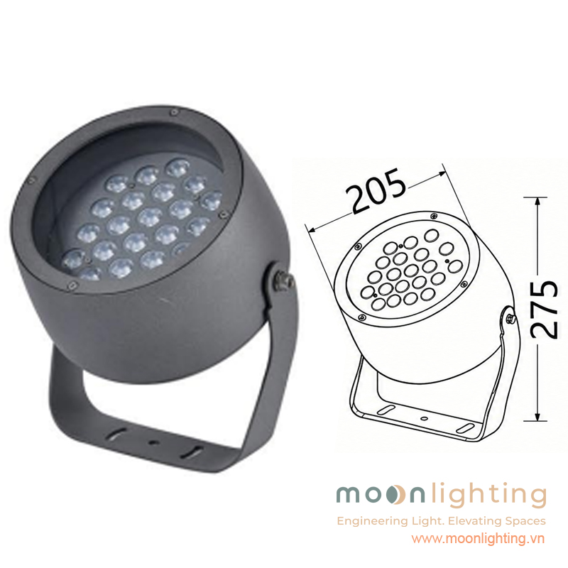 Bản vẽ kích thước mặt cắt đèn LED chiếu rọi cột MG-601 48W (205x275mm) Sơ đồ bản vẽ kích thước mặt cắt đèn LED Project Light chiếu rọi cột MG-601-205 48W Moon Lighting