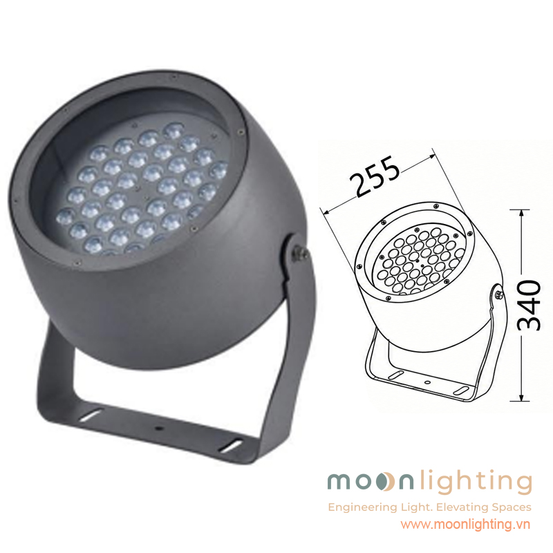 Bản vẽ kích thước mặt cắt đèn LED chiếu rọi cột MG-601 72W (255x340mm) Sơ đồ bản vẽ kích thước mặt cắt đèn LED Project Light chiếu rọi cột MG-601-255 72W Moon Lighting