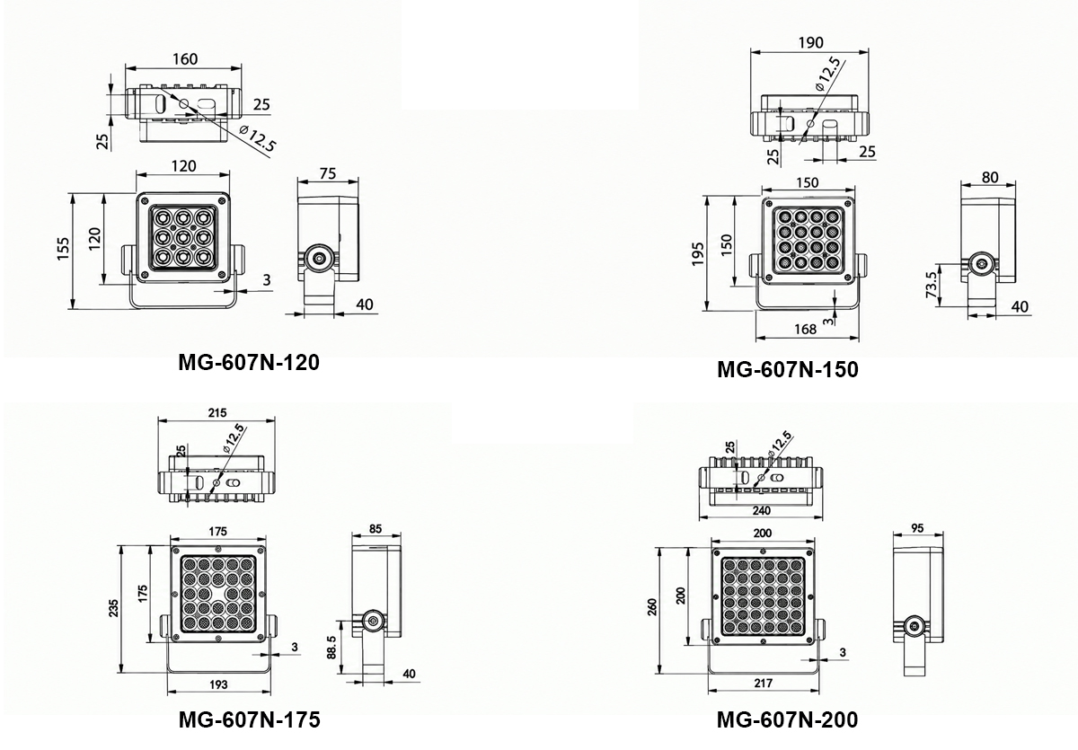 Bản vẽ kích thước mặt cắt chi tiết từng mã sản phẩm MG-607N-120, MG-607N-150, MG-607N-175 và MG-607N-200 của dòng đèn LED Project Light rọi cột cao cấp Moon Lighting