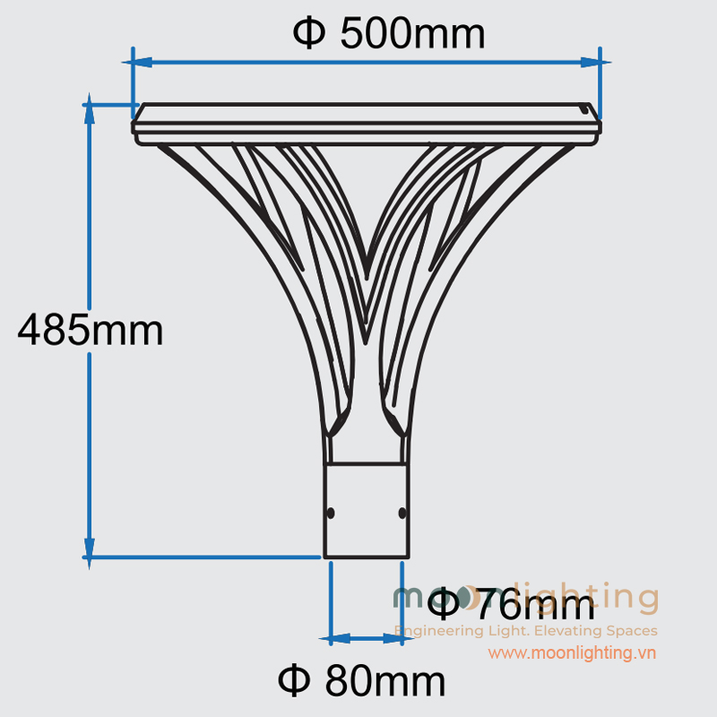 Bản vẽ mặt cắt chiều cao 485mm và kích thước cổ cắm 76mm 80mm đèn MG-SL005