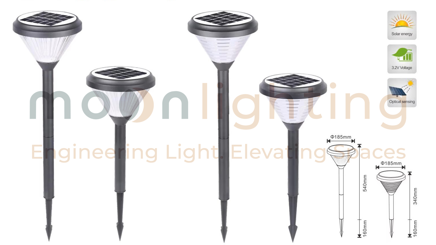 Bản vẽ thông số kỹ thuật đường kính 185mm chiều cao 500mm và 700mm kèm chân cắm cỏ đất mềm đèn trụ sân vườn năng lượng mặt trời MG-SL1401 Moon Lighting