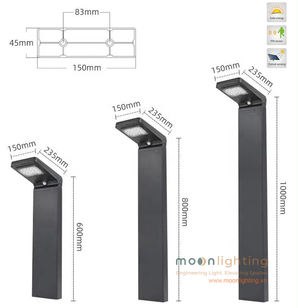 Bản vẽ kích thước mặt cắt chi tiết chân móng 150x45mm và 3 chiều cao 600mm 800mm 1000mm đèn trụ sân vườn thông minh MG-SL1406 Moon Lighting