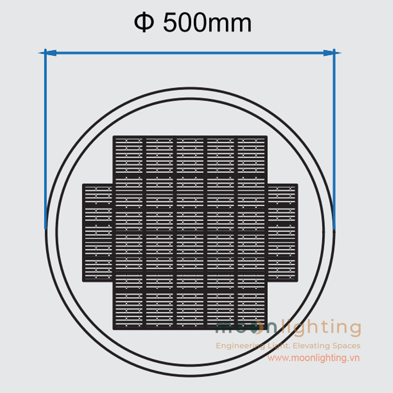 Bản vẽ kích thước mặt cắt tấm pin năng lượng mặt trời đường kính Phi 500mm đèn cột sân vườn Solar MG-SL003