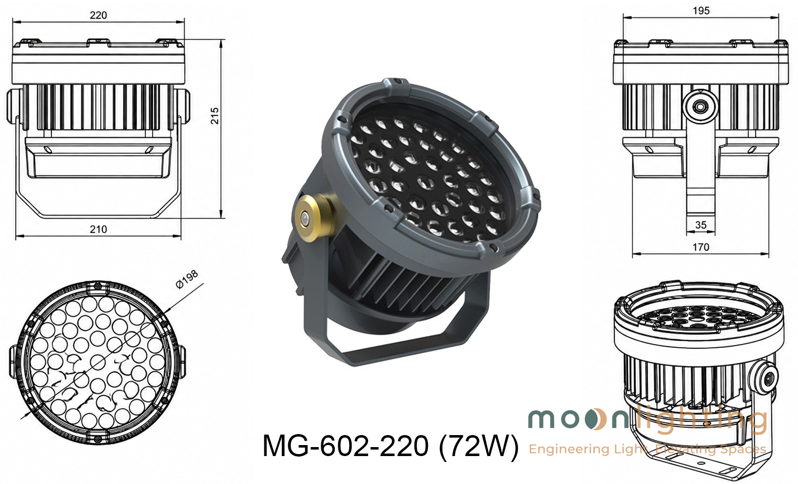 Bản vẽ kích thước thông số kỹ thuật Đèn LED Project Light MG-602-220 (72W) Bản vẽ kỹ thuật mặt cắt và kích thước chi tiết Đèn LED Project Light MG-602-220 công suất 72W Moon Lighting