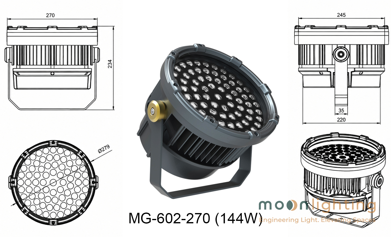 Bản vẽ kỹ thuật mặt cắt và kích thước chi tiết Đèn LED Project Light MG-602-270 công suất 144W Moon Lighting