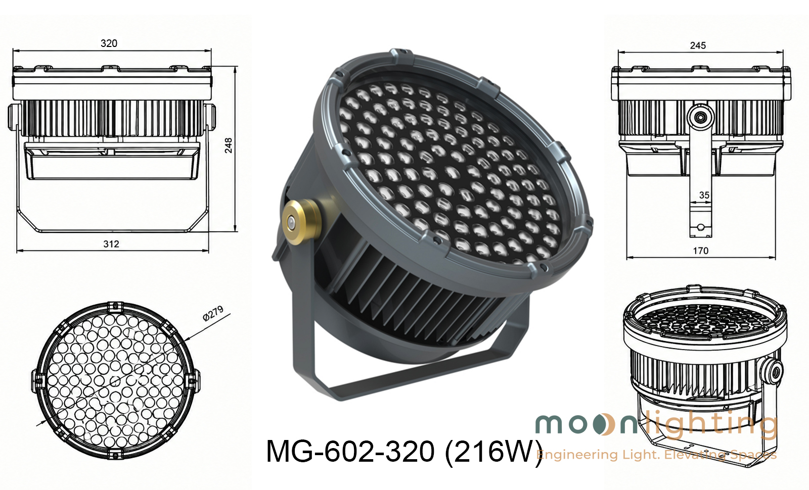 Bản vẽ kích thước thông số kỹ thuật Đèn LED Project Light MG-602-320 (216W) Bản vẽ kỹ thuật mặt cắt và kích thước chi tiết Đèn LED Project Light MG-602-320 công suất 216W Moon Lighting
