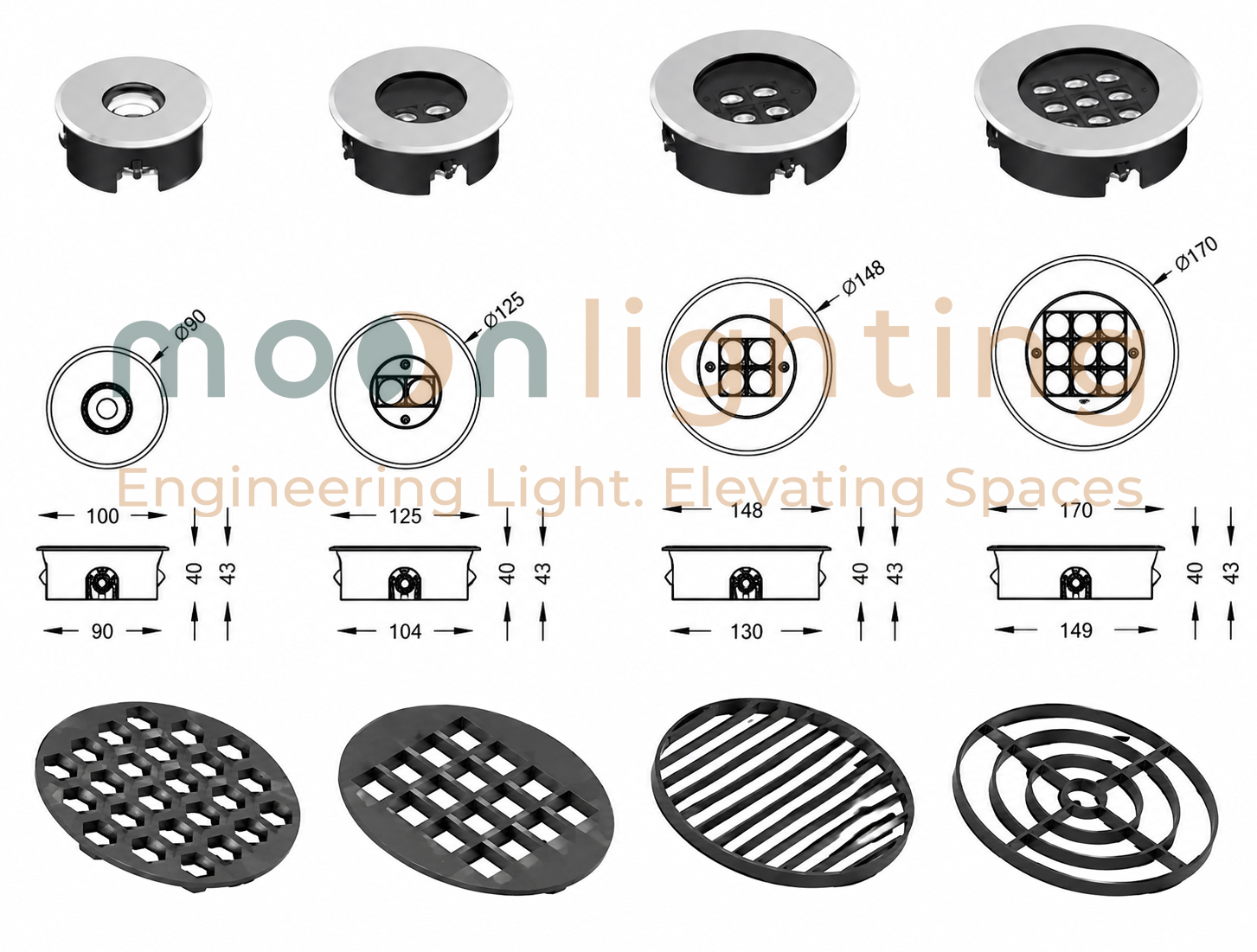 Bản vẽ kích thước thông số kỹ thuật lỗ chờ sâu 40mm chiều cao thân đèn 43mm của đèn LED âm đất siêu mỏng MG-310B Moon Lighting