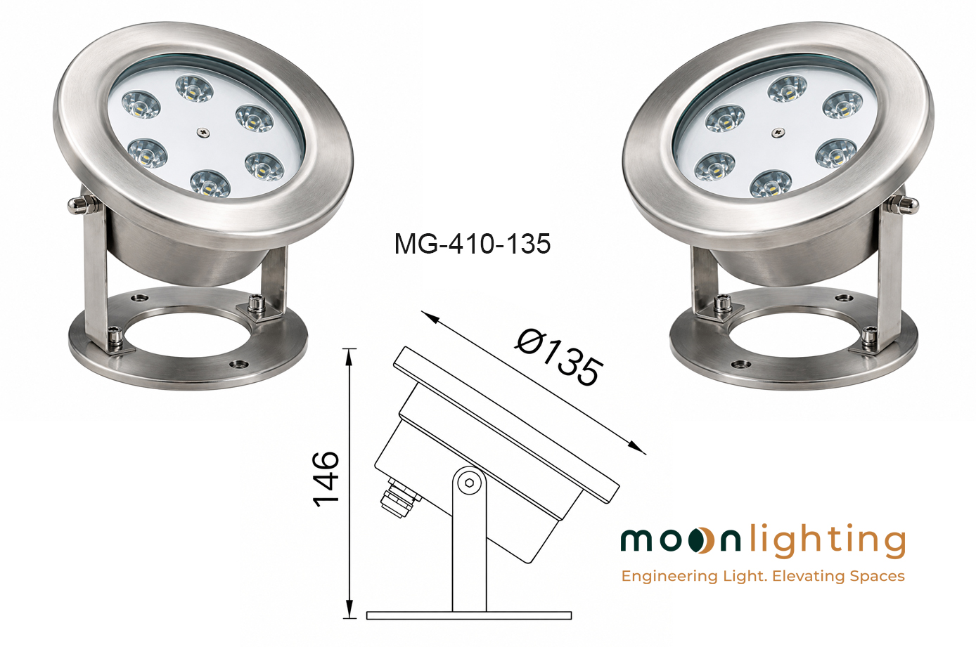Thông số kỹ thuật bản vẽ kích thước D135 H146mm Đèn LED Âm Nước Có Đế MG-401-135-6W Moon Lighting