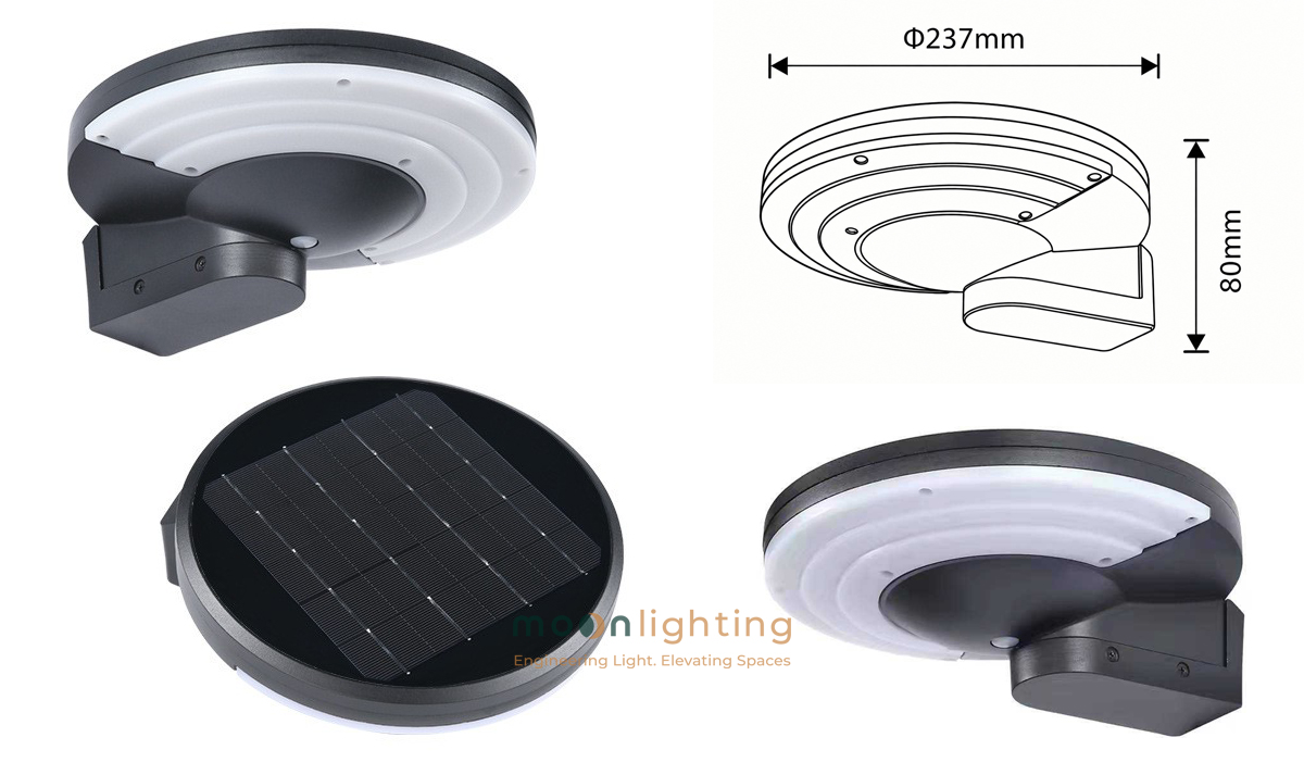 Bản vẽ kích thước thông số kỹ thuật chi tiết đèn gắn tường năng lượng mặt trời MG-SL1802 đĩa tròn đường kính 237mm độ dày 80mm thiết kế siêu mỏng Moon Lighting