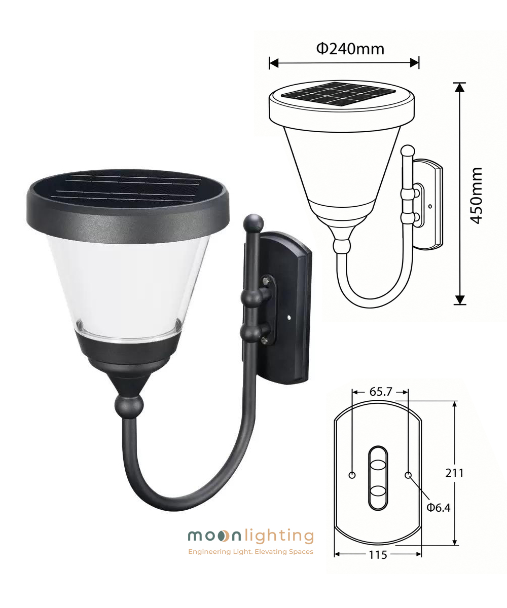 Bản vẽ kích thước thông số kỹ thuật chi tiết đèn gắn tường năng lượng mặt trời MG-SL1806 chiều cao 450mm đường kính chao 240mm khoảng cách lỗ bắt vít 65.7mm đến 115mm Moon Lighting