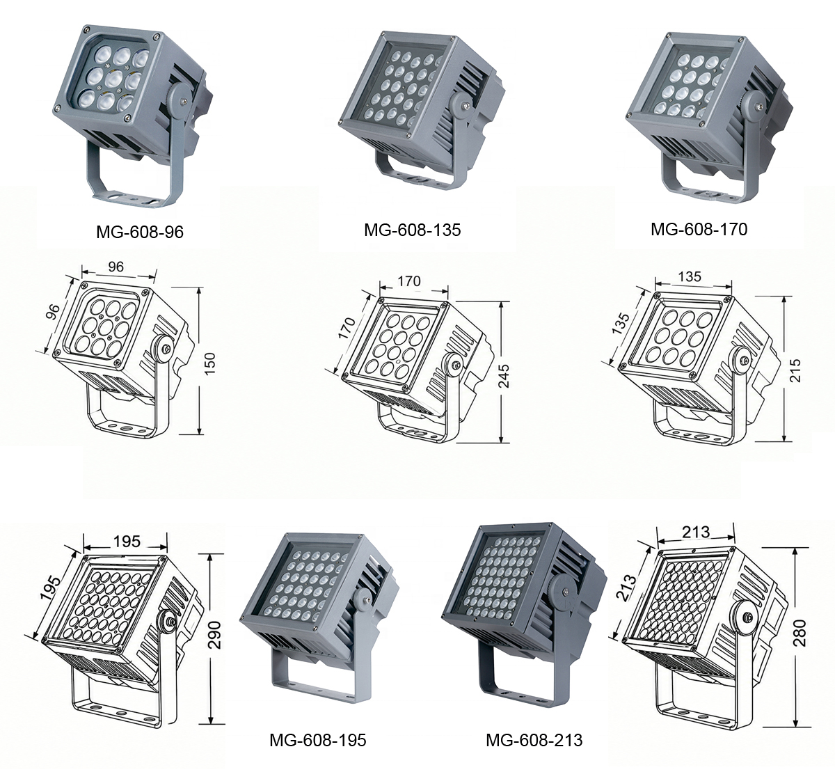 Bản vẽ kích thước chi tiết và thông số kỹ thuật tổng hợp các model MG-608-96, MG-608-135, MG-608-170, MG-608-195 và MG-608-213 của dòng đèn LED Project Light rọi cột mặt tiền cao cấp Moon Lighting