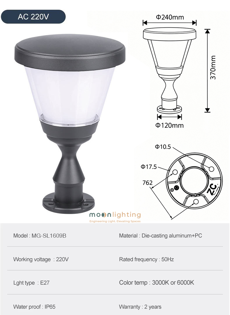 Bản vẽ kích thước và thông số kỹ thuật phiên bản điện lưới AC 220V đui E27 đèn trụ cổng MG-SL1609B Moon Lighting