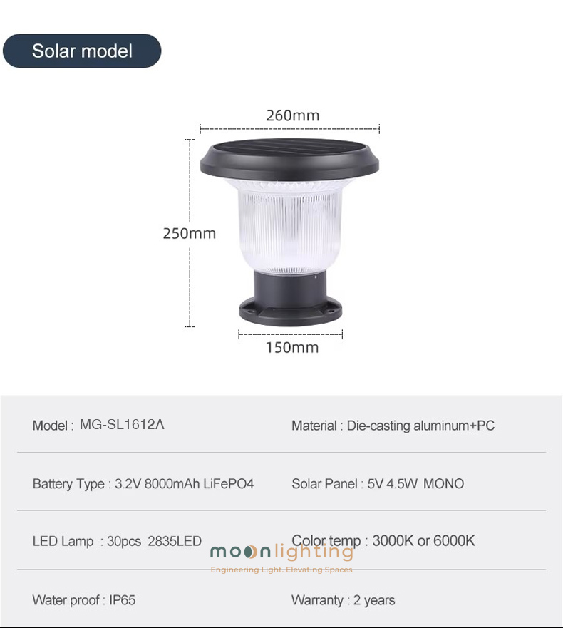 Bản vẽ thông số kỹ thuật đèn trụ MG-SL1612A năng lượng mặt trời Bản vẽ kích thước và thông số kỹ thuật phiên bản năng lượng mặt trời pin LiFePO4 đèn trụ cổng MG-SL1612A Moon Lighting