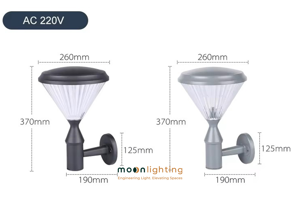 Bản vẽ kích thước thông số kỹ thuật đèn gắn tường điện lưới AC 220V MG-SL1803 chiều cao 370mm đường kính chao 260mm vươn tường 190mm đường kính chân đế 125mm Moon Lighting
