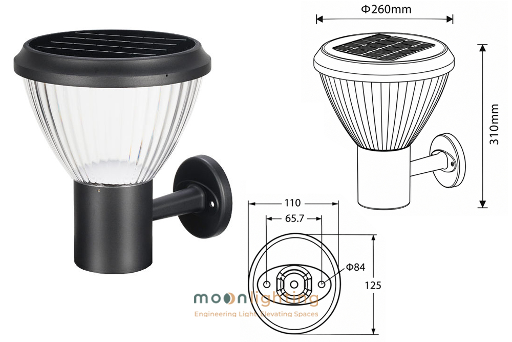 Bản vẽ thông số kỹ thuật chi tiết chiều cao 310mm đường kính chao chén hoa xòe rộng 260mm kích thước đế bích gắn tường 125x110mm của đèn gắn tường năng lượng mặt trời MG-SL1507 Moon Lighting
