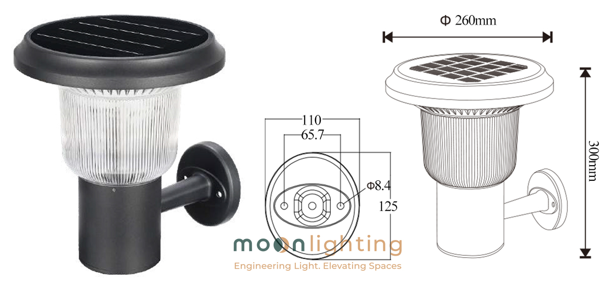 Bản vẽ kích thước thông số kỹ thuật chi tiết chiều cao 300mm đường kính chao 260mm kích thước chân đế bích gắn tường 125x110mm phi 8.4mm của đèn gắn tường năng lượng mặt trời MG-SL1508 Moon Lighting
