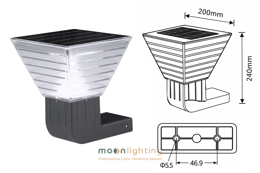 Bản vẽ kích thước thông số kỹ thuật chi tiết chiều cao 240mm chiều rộng chao 200mm kích thước khoảng cách lỗ bắt vít 46.9mm phi 5.5mm đèn gắn tường năng lượng mặt trời MG-SL1509 Moon Lighting
