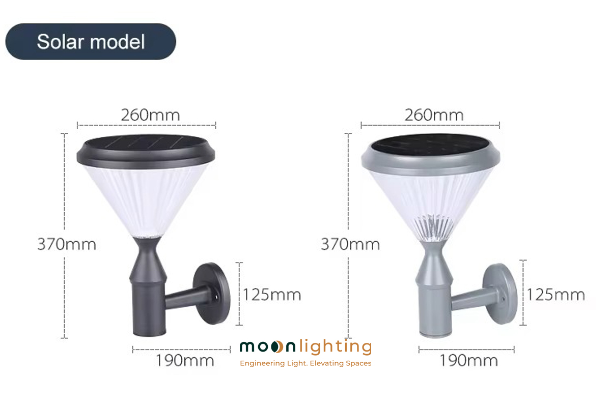 Bản vẽ kích thước đèn gắn tường năng lượng mặt trời MG-SL1803 Bản vẽ kích thước thông số kỹ thuật đèn gắn tường năng lượng mặt trời Solar model MG-SL1803 chiều cao 370mm đường kính chao 260mm vươn tường 190mm chân đế 125mm Moon Lighting